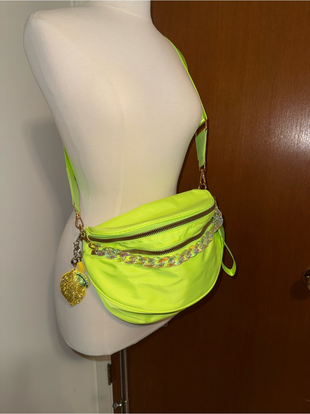 Neon Lime Chain-Accent Crossbody Belt Bag